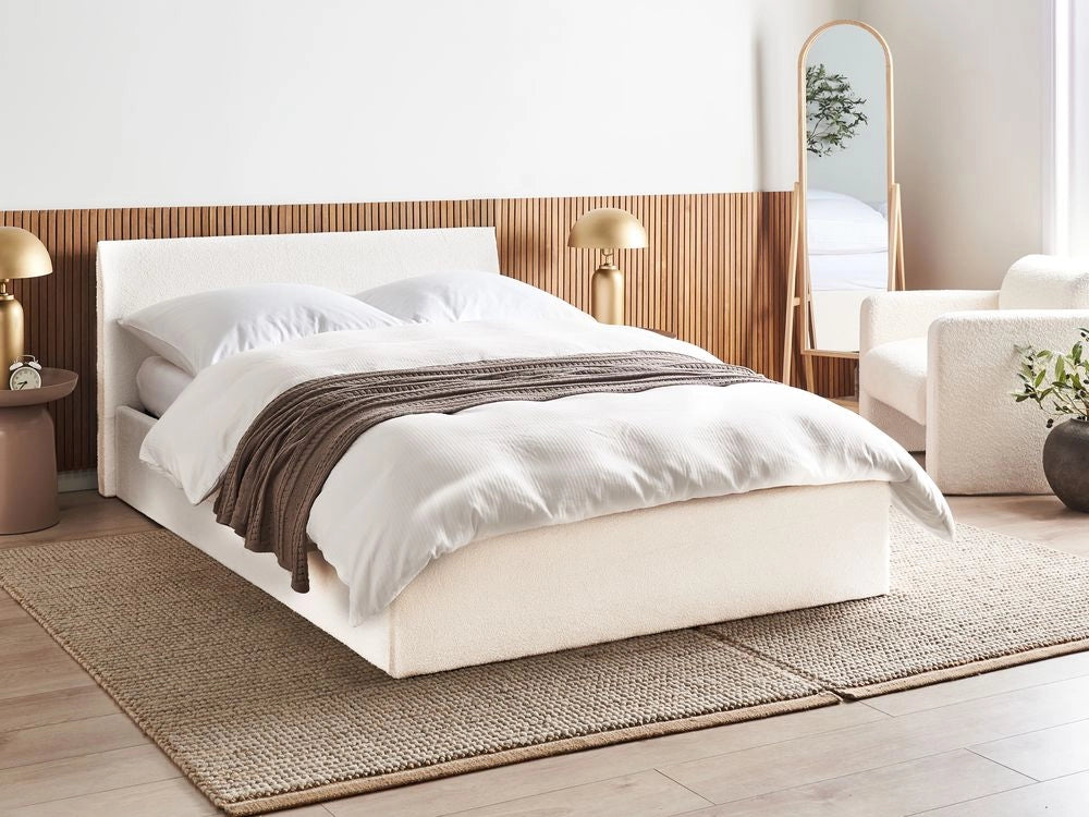 Letto matrimoniale boucle 140 x 200 cm con contenitore rialzato con testiera bianco sporco