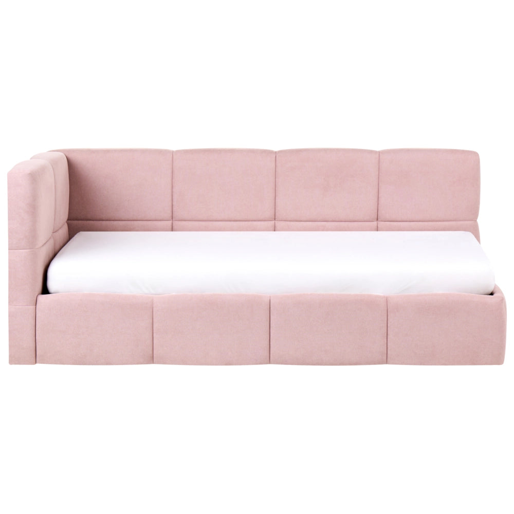 Divano letto imbottita in tessuto rosa lato sinistro 90x200 cm con pouf contenitore a forma di L