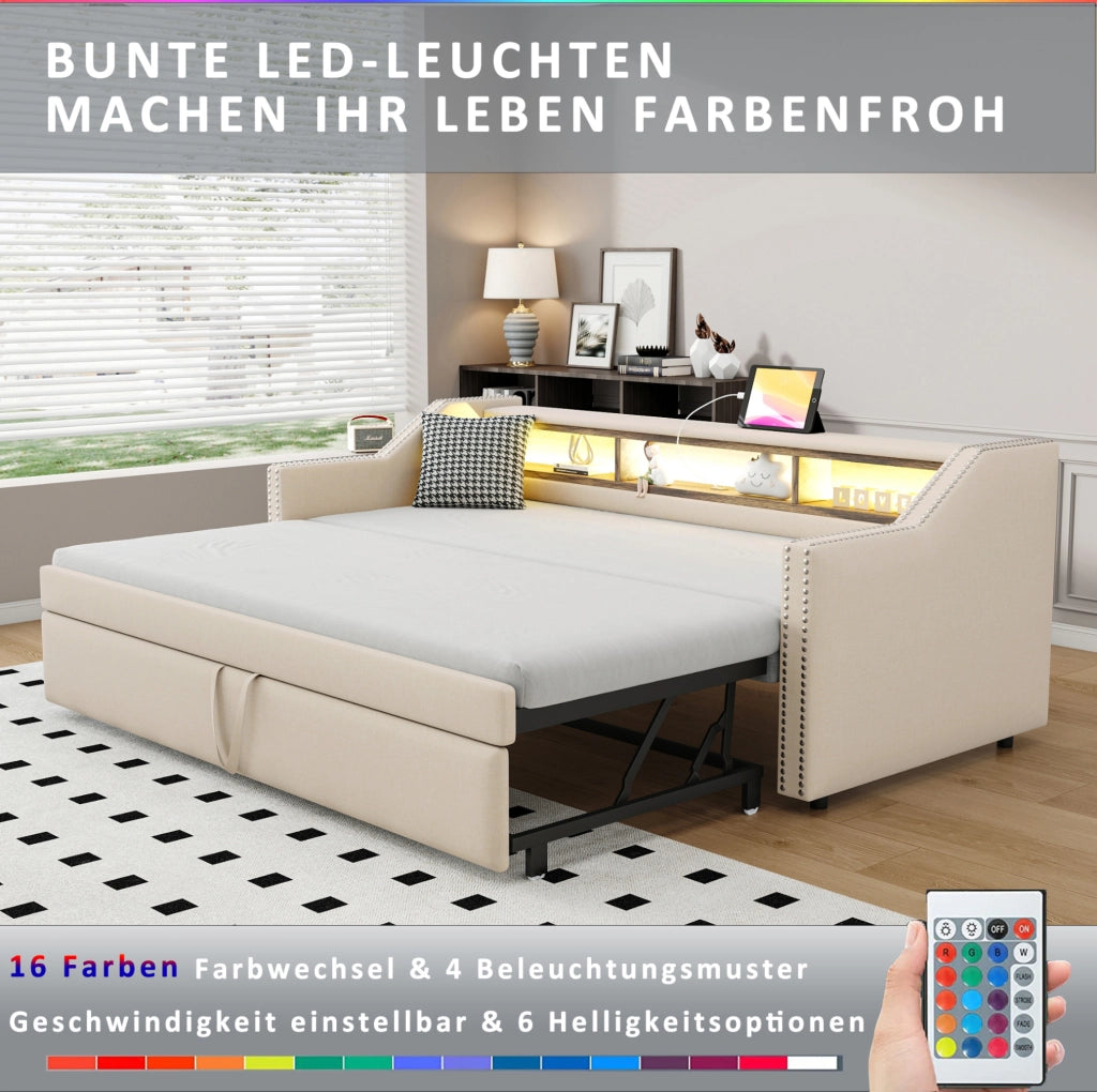 Divano letto estraibile imbottito 90/180x190 cm beige con LED e USB