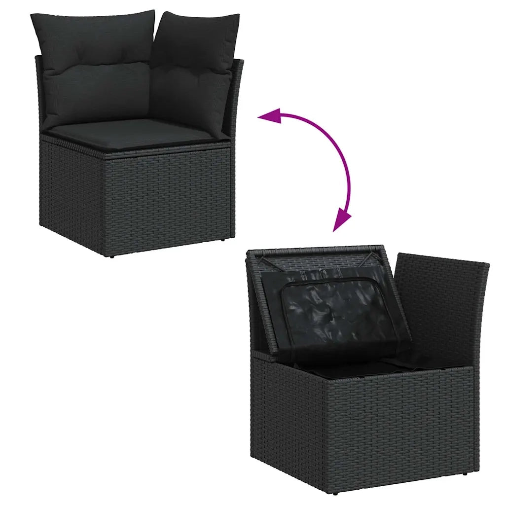 Divano da giardino angolare con cuscini nero in polyrattan 365985