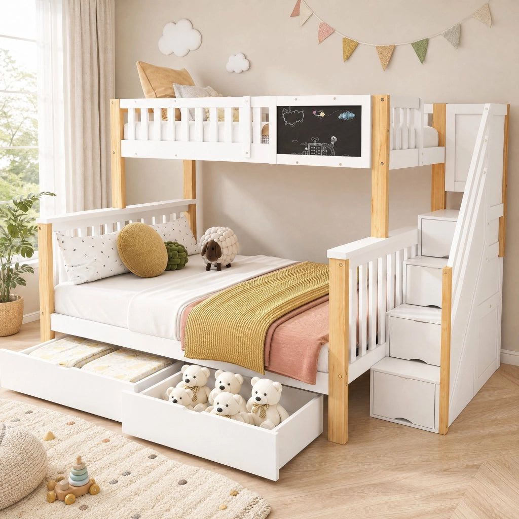 Letto a castello multifunzionale per bambini con lavagna e cassetti, bianco e rovere chiaro, 90x200 cm + 140x200 cm