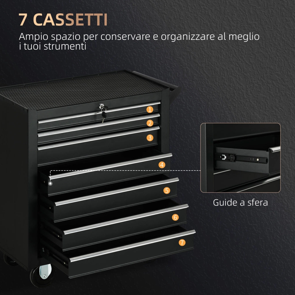 Carrello Porta Utensili da Officina con 7 Cassetti Serratura con Chiavi 69x33x75 cm Nero