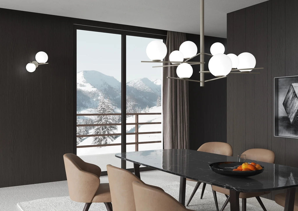 Lampadario Contemporaneo Boomerang Metallo Sabbia Vetro Bianco 8 Luci E27