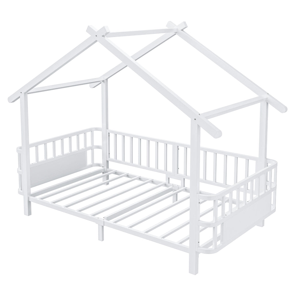 Letto per bambini 90x200 cm con barriera di sicurezza e struttura a casetta in metallo bianco