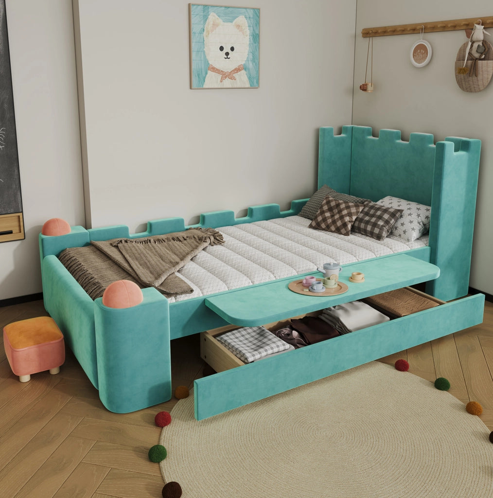 Letto imbottito 90x200 cm con mensola pieghevole e cassetto contenitore in velluto blu verde