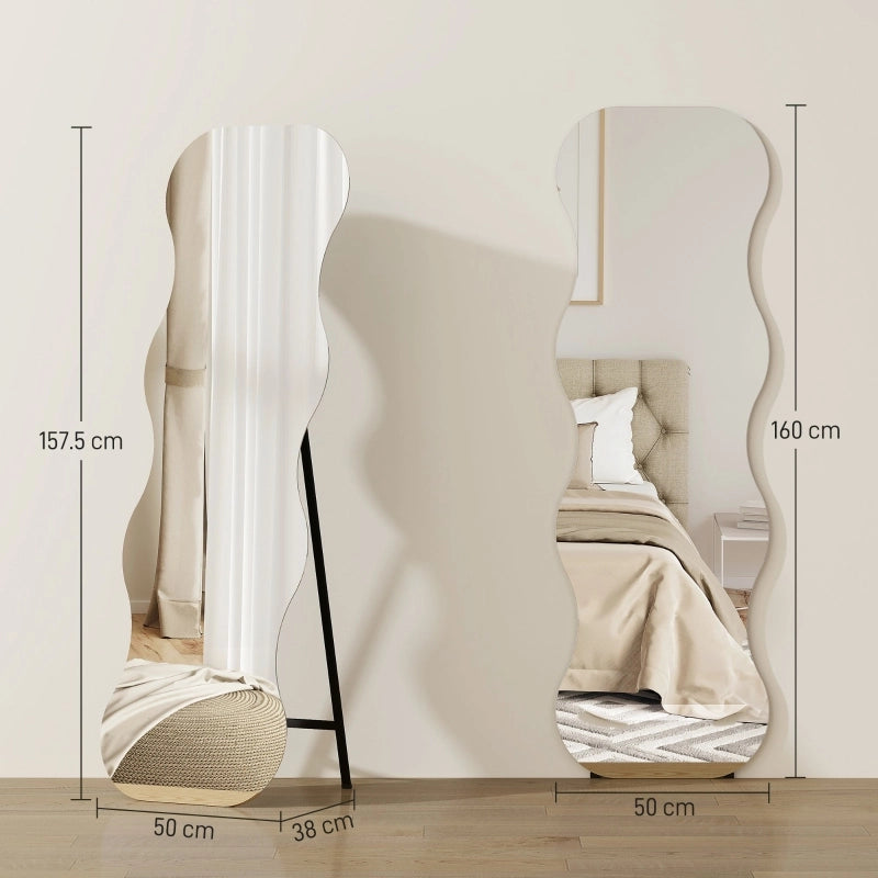 Specchio a figura intera senza cornice, base in legno, posizionabile in modo flessibile, forma ondulata, nero