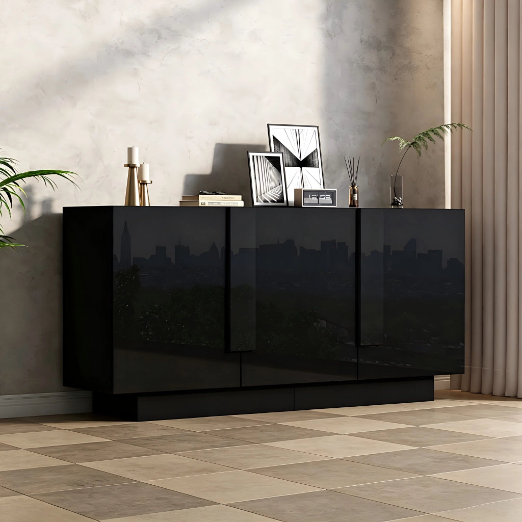 Credenza e madia a 3 ante con ripiani regolabili, finitura lucida, per soggiorno e sala da pranzo, nera 160 × 35 × 60 cm