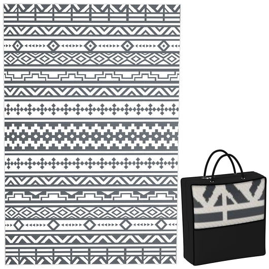Tappeto da Esterno Reversibile 182x274 cm con Motivo Geometrico e Borsa Inclusa Grigio e Bianco