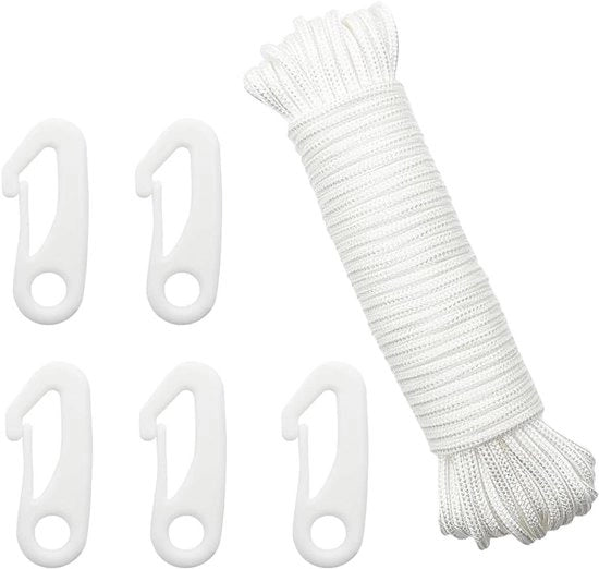 Attrezzo per Albero Bandiera 20 metri - 5 Clip per Albero Bandiera - 6 mm Diametro - Esterno, Pannocchia, Raccordo per Asciugamani - Campeggio, Barca a Vela, Giardino - Rastrello, di Alta Qualità, Resistente alle Scalfitture - Uso Esterno (Bianco)