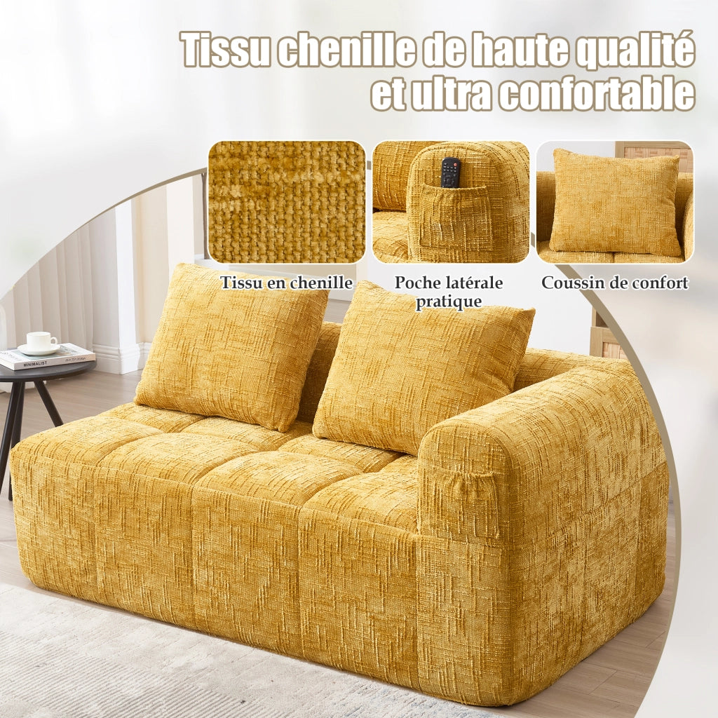 OKWISH Divano 2 Posti, Seduta Morbida con Tasche Laterali e Cuscino Incluso, Stile Chaise Longue, Ciniglia, Giallo