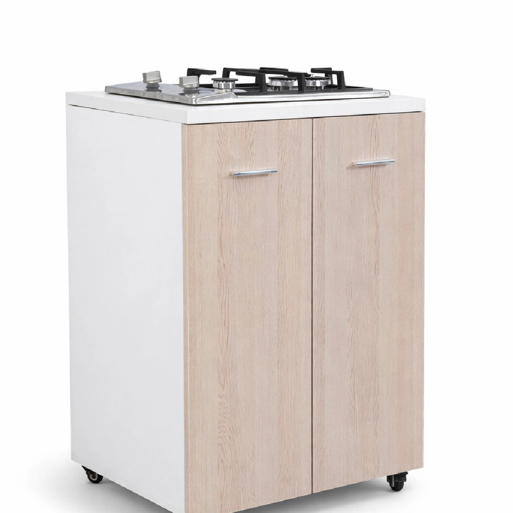Mobile Mini Cucina 60x40 h85 con Piano Cottura Gas 2 Fuochi Gpl Acciaio Bianco Olmo