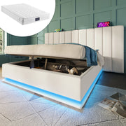 LETTO contenitore 160x200 cm in PU bianco con materasso incluso, LED e USB