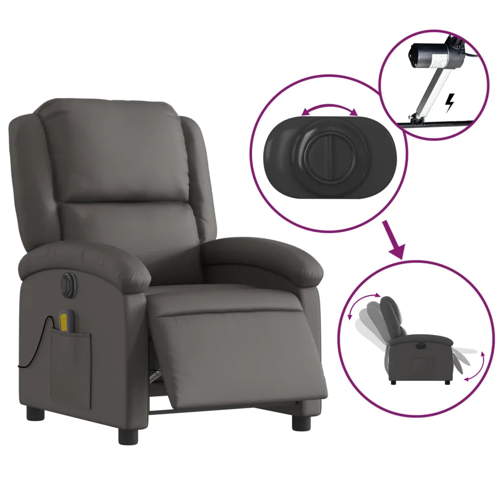 Poltrona Reclinabile Elettrica Grigia in Vera Pelle 3204257