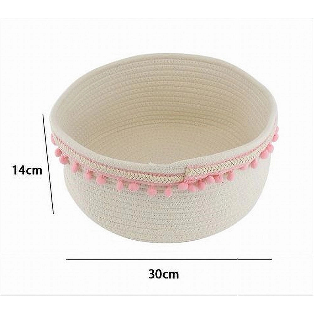 Trade Shop - Cesto Porta Oggetti Per Biancheria In Corda Pon Pon Rosa Cestino 30x14 Cm 10667 -