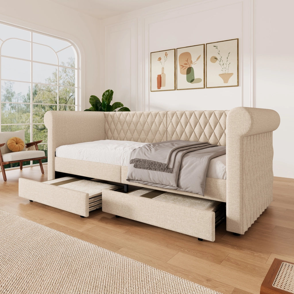 Letto daybed vintage 90x200 cm in lino beige con 2 cassetti, rete a doghe, senza materasso