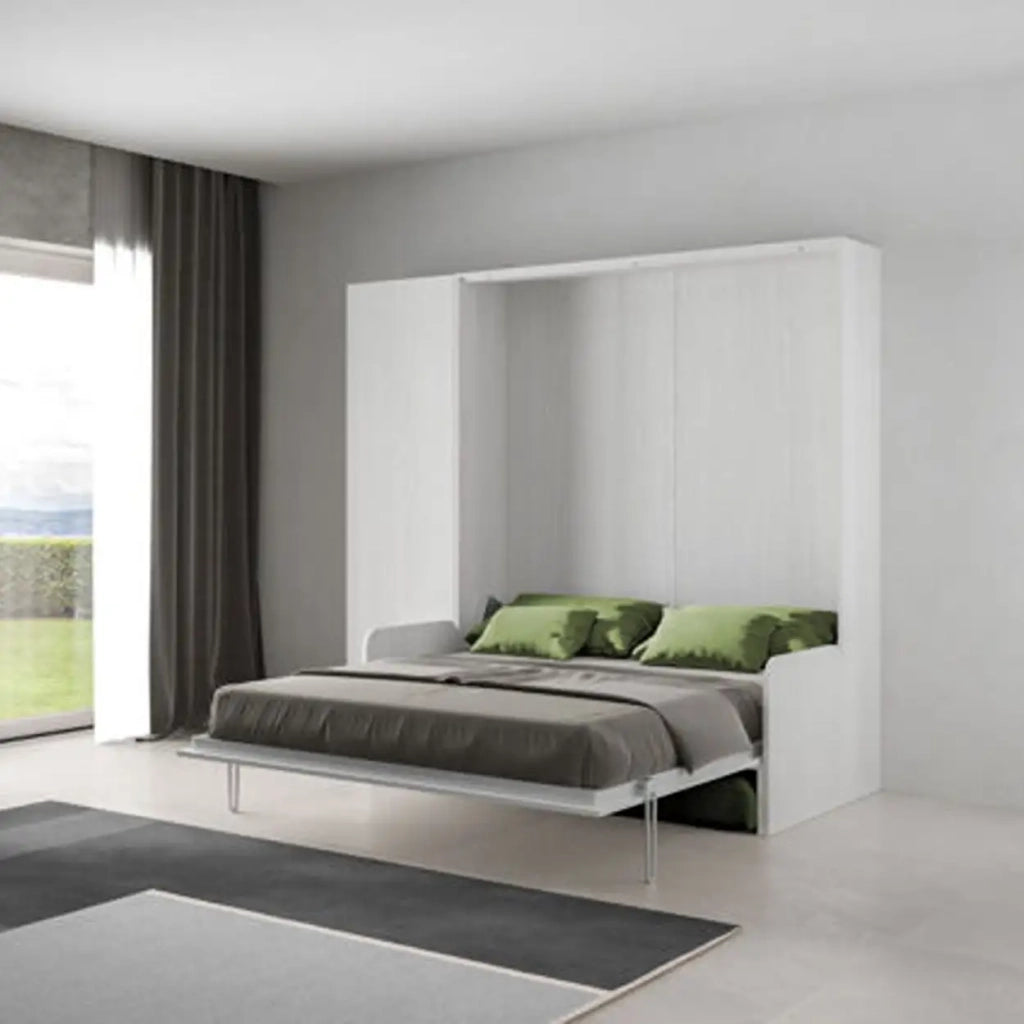 Letto matrimoniale a scomparsa 160 Kentaro con divano e colonna bianco frassino, verde