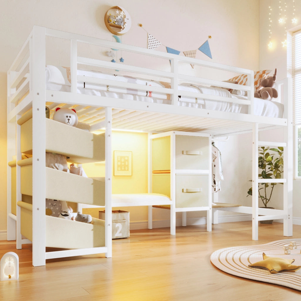 LETTO Semialto 90x200 cm Metallo Bianco con cuscino e contenitori in tessuto
