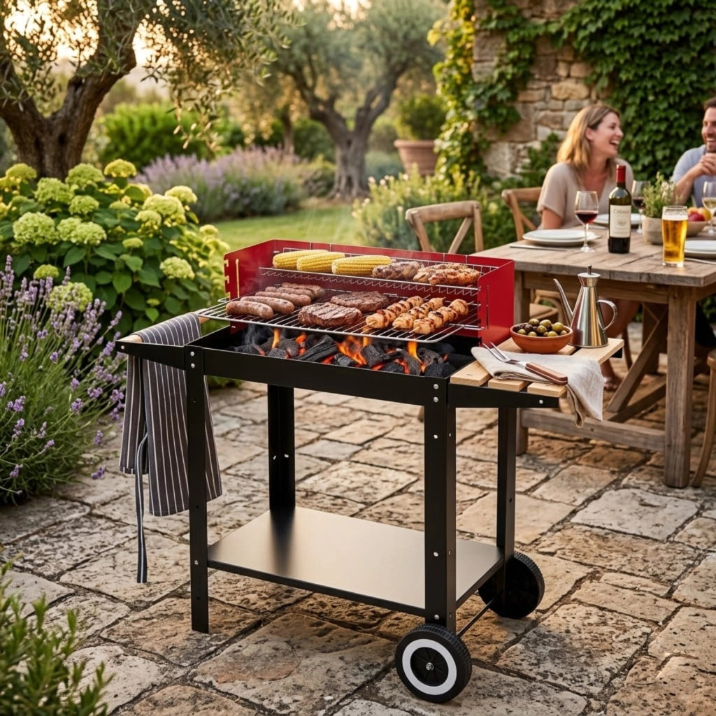Barbecue Con Griglia Regolabile Accessori Inclusi Ripiano Laterale Mensola Inferiore Ruote Integrate E Griglia Scaldavivande 86 x 40.5 x 81 Cm Nero