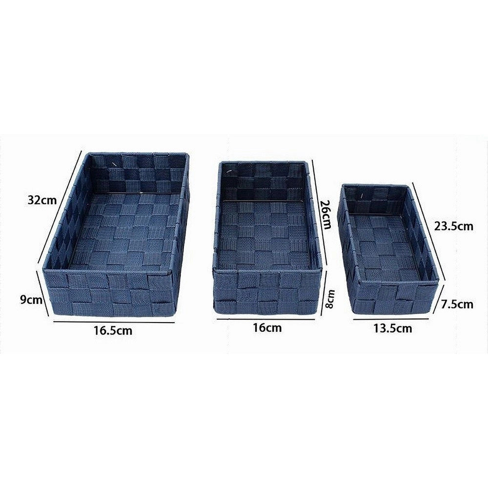 Trade Shop - Set 3 Pezzi Scatola Porta Oggetti In Tessuto Intrecciato Contenitori Blu 79058 -