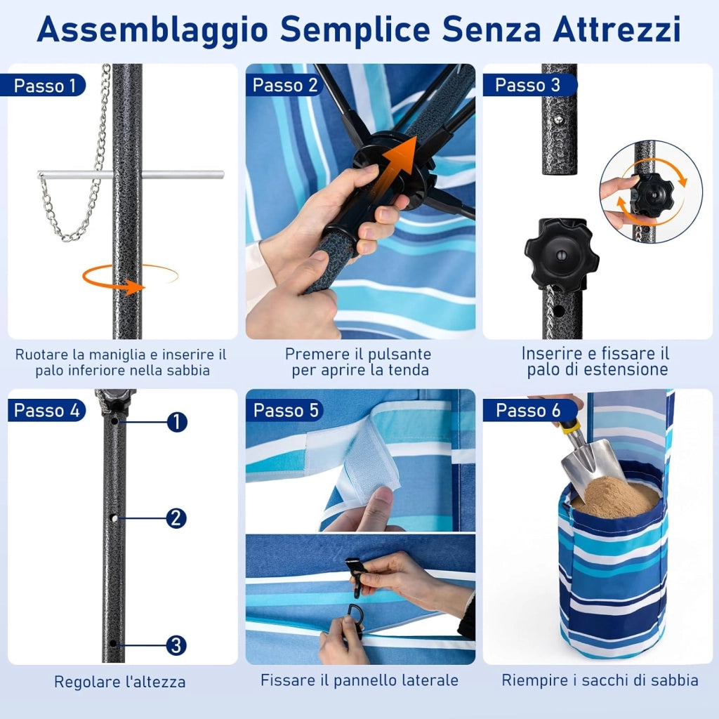 Tenda da Spiaggia Pieghevole, Tenda da Mare con Parete Laterale Rimovibile e Borsa Portatile, Regolabile in Altezza, per Spiaggia, Campeggio e Picnic (Blu Scuro+Bianco, 185 x 185 cm)