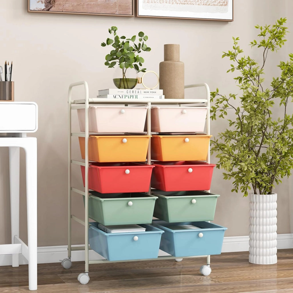 Carrello a 10 Cassetti con Ruote, di Stoccaggio con Stabilità Elevata, Multiuso per Casa Ufficio e Scuola, 65,5 x 37 x 87 cm (Bianco)
