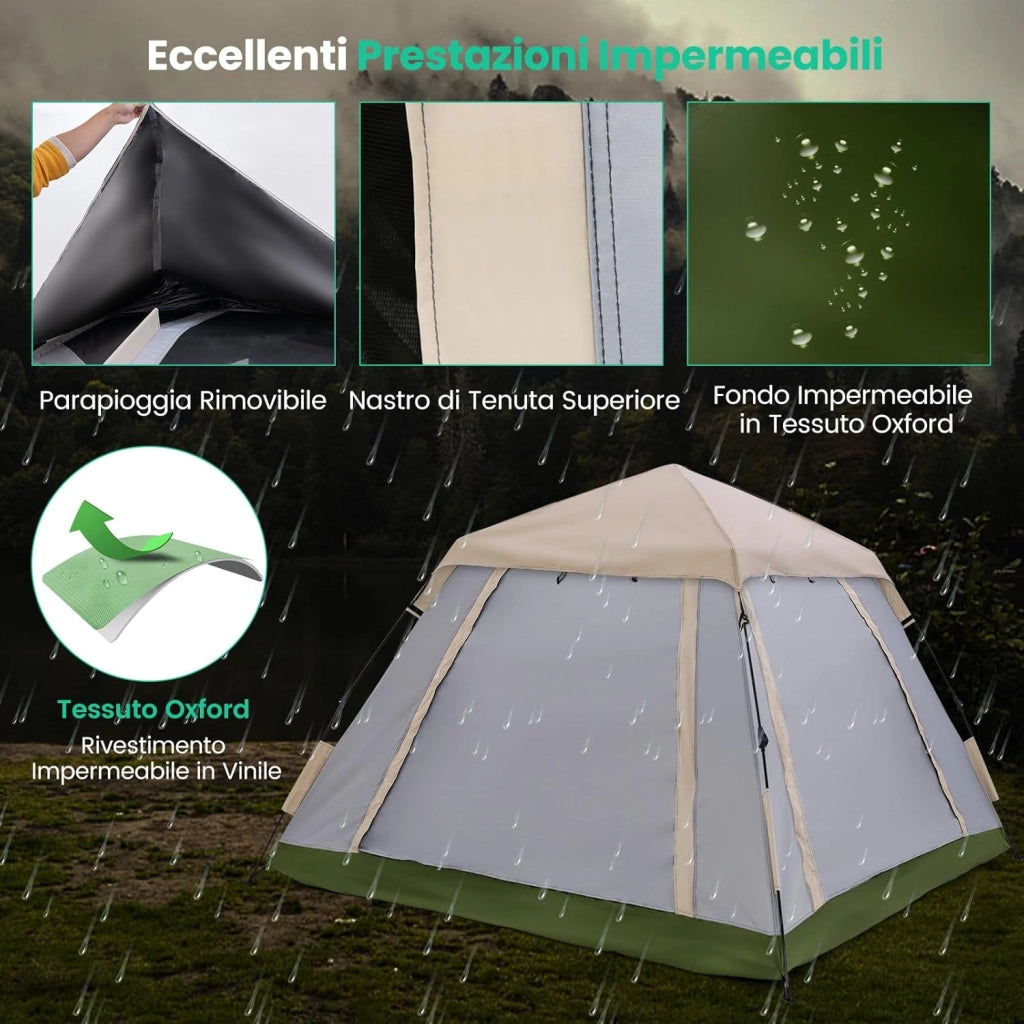 Tenda Campeggio Pop Up per 2-4 Persone, Tenda Istantanea Impermeabile con 2 Porte, Tetto Parasole Rimovibile e Finestre in Rete, Borsa da Trasporto, per Escursioni, Campeggio e Spiaggia
