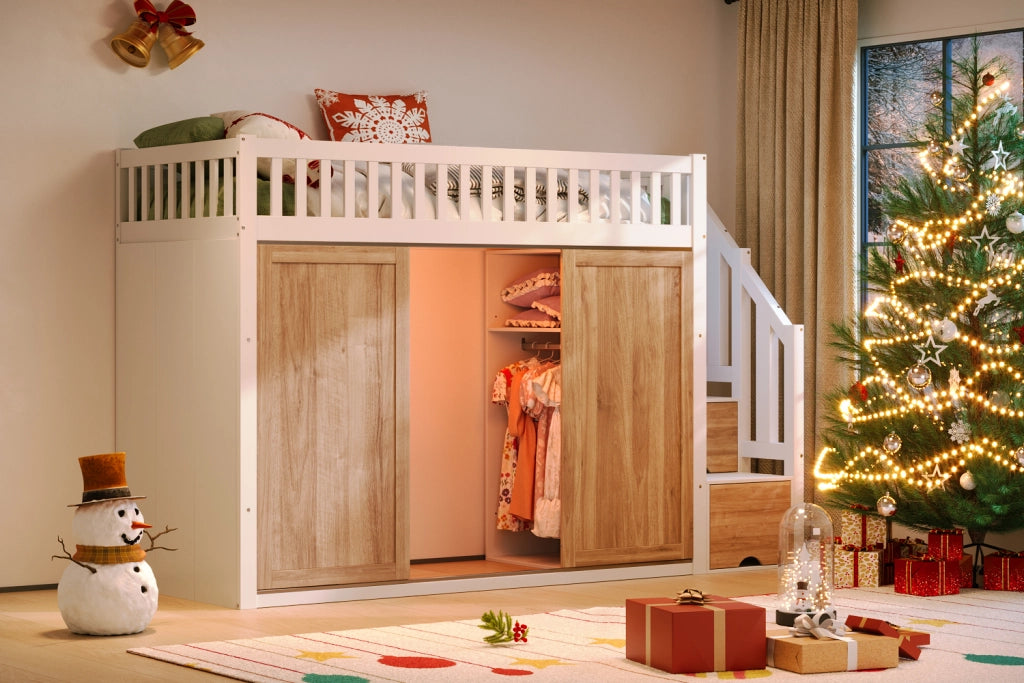 DESMIU Letto a soppalco per bambini 1 posto con armadio, scala contenitore e LED 90 × 200 cm, senza materasso