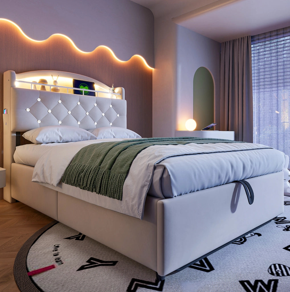 Letto imbottito per bambini 90x200 cm beige con contenitore, LED, USB e porta Type-C