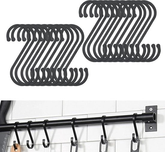 20 pezzi di S-haken in alluminio da cucina, 7 cm, neri, per pesanti carichi, multifunzionali, adatti per piante di jeans e pentole