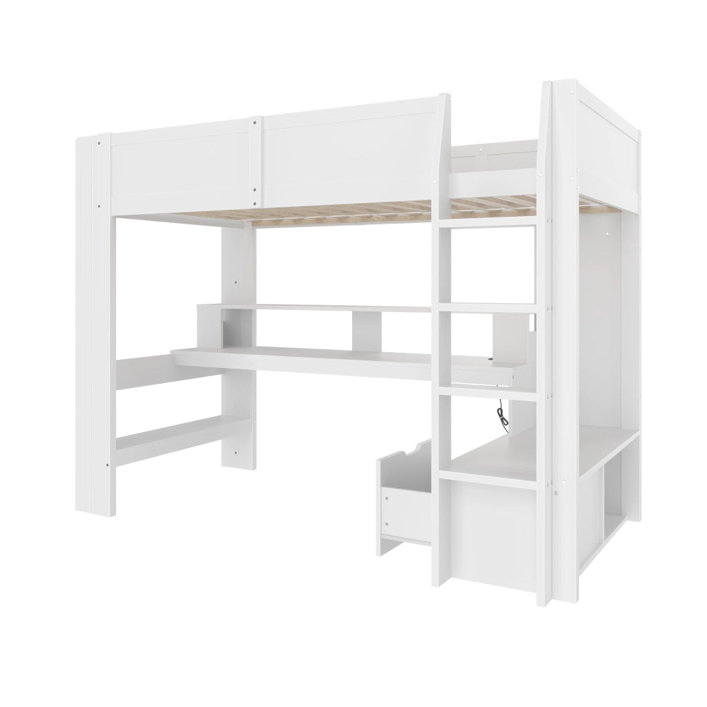 Letto a Soppalco Singolo con Scrivania; Cassetto; Scaffali e LED 90×200 cm; senza Materasso; Bianco