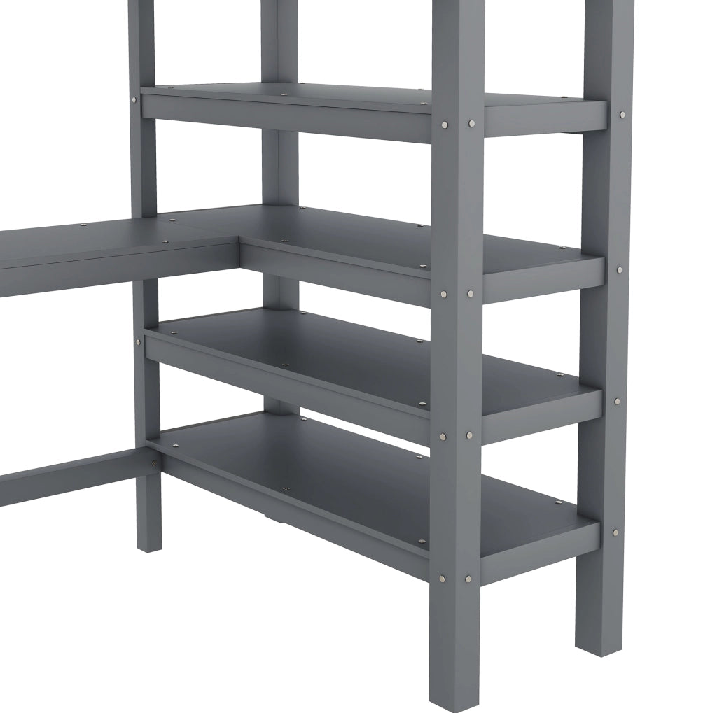 Letto a soppalco 90x200 cm grigio con scrivania e ripiani