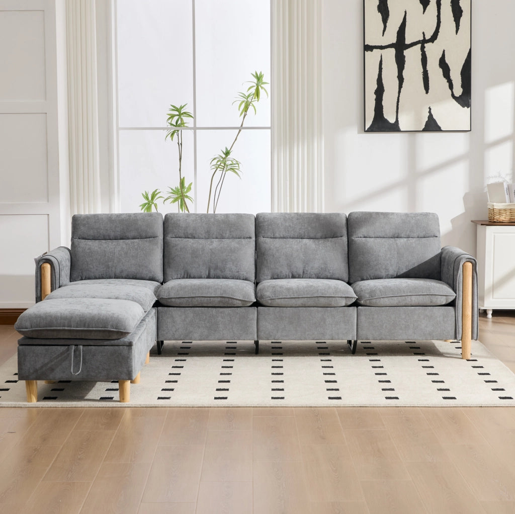 Divano modulare 4 posti con 2 pouf contenitore in ciniglia grigio chiaro HAVRYA