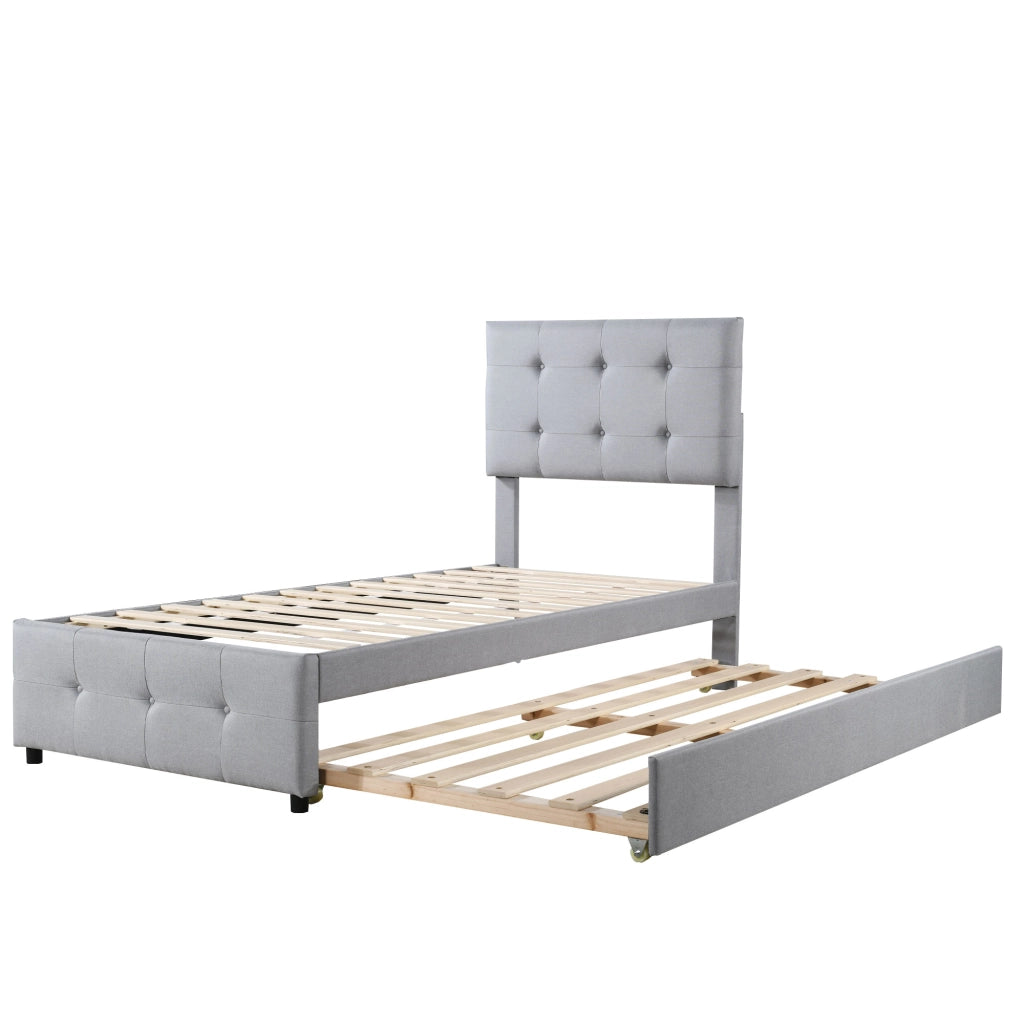 Letto con letto estraibile 90 × 200 cm con secondo letto 90 × 190 cm in lino grigio e testiera regolabile