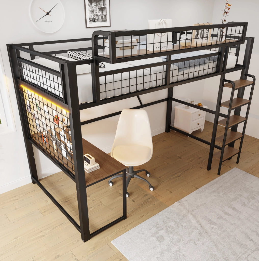 Letto a soppalco in metallo 90x200 cm con scrivania; LED; presa e scala; nero