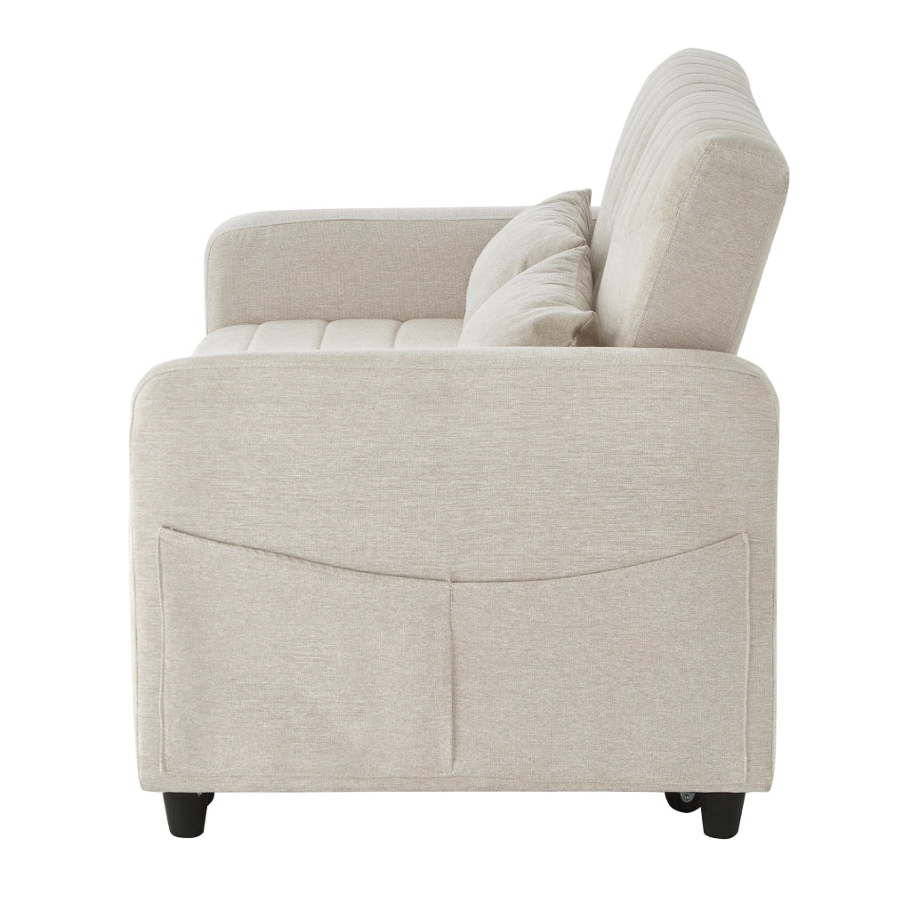Divano Letto 2 Posti con Schienale Regolabile a 3 Posizioni e 2 Cuscini, in Tessuto Cotone Lino Beige