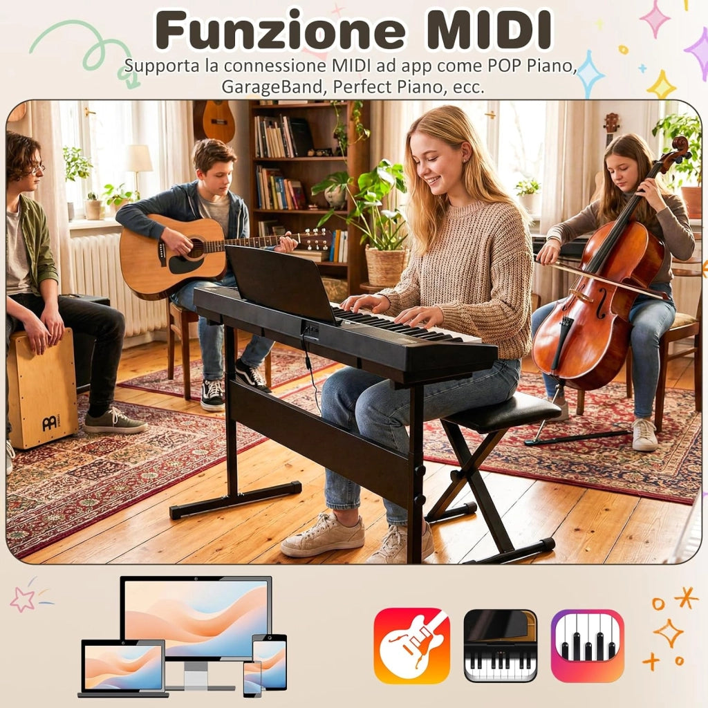 Tastiera Pianoforte a 61 Tasti, Set Pianoforte Elettrica con Supporto e Sgabello Regolabili, 128 Ritmi & 128 Toni e 80 Demo, Strumento Musicale per Bambini, Adolescenti e Adulti