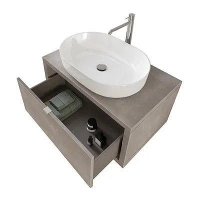 Mobile bagno sospeso 80 cm grigio cemento con lavabo a bacinella e specchio tondo Master