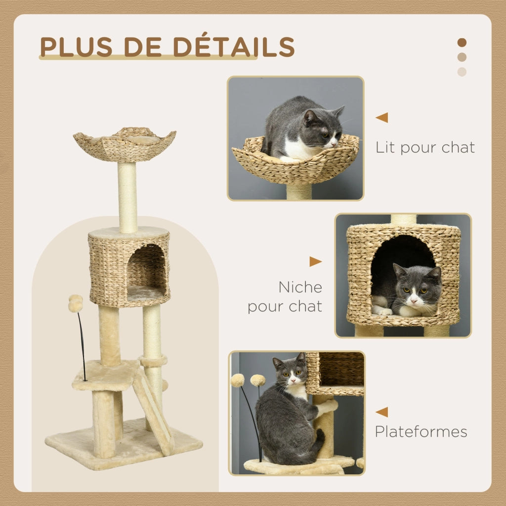 Arbre ¨¤ chat con piattaforme, cesta e pompon ¨C zephmum ¨C beige 116 cm