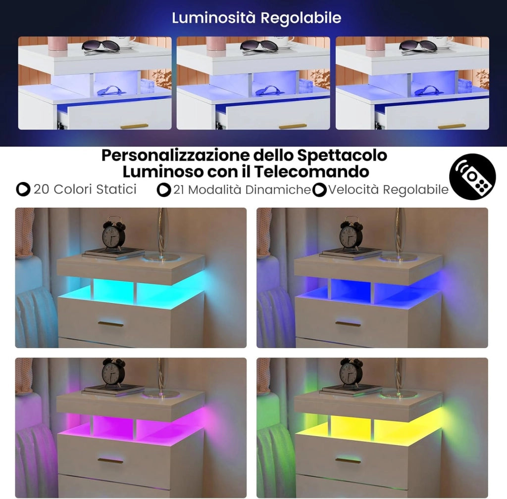 Comodino con Luci LED 50x40x58cm, Tavolino Camera da Letto Moderno con 2 Cassetti, Mobile Cameratta con Telecomando per Soggiorno e Ufficio (Bianco)