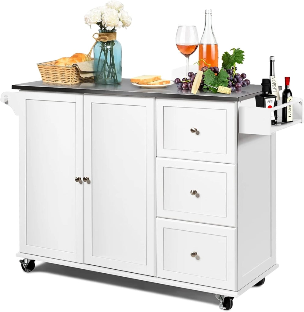 Isola da cucina mobile con piano di lavoro in acciaio inox, carrello da cucina con 3 cassetti e portasciugamani e ripiano regolabile, armadio da cucina su ruote, trolley da cucina 135 x 45,5