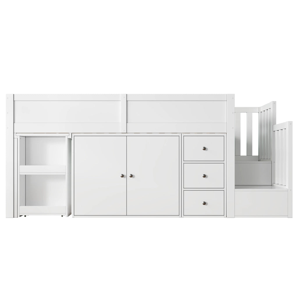 Letto a castello bianco con scrivania estraibile ripiani laterali armadio e cassetti 90x200cm
