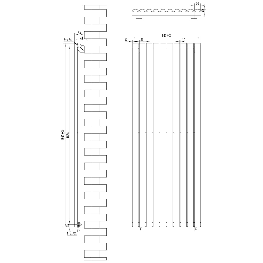 Radiatore Verticale Design Ovale Colonna Singola Bianco 1600x600 mm