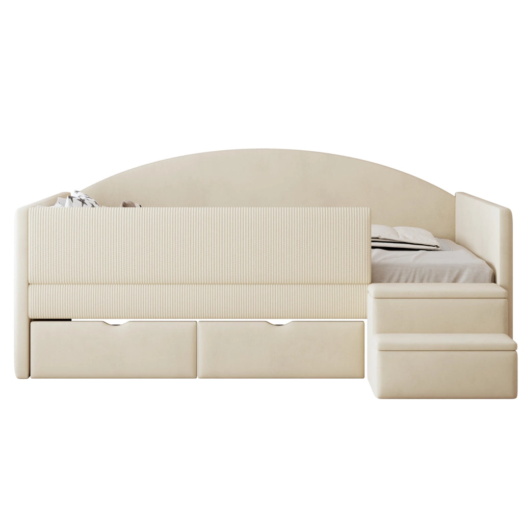 Letto imbottito 90x190 cm con 2 cassetti, sponde e gradini antiscivolo
