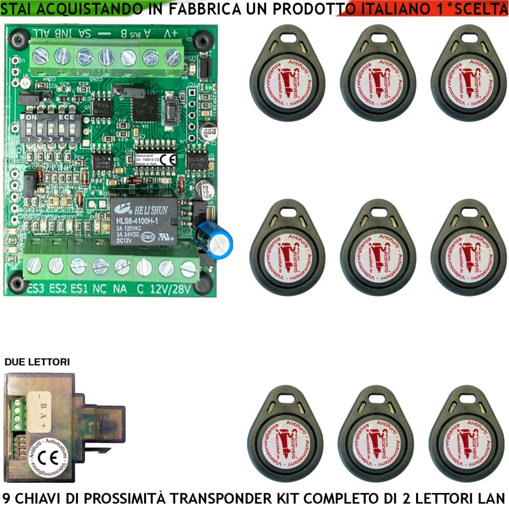 Chiave di Prossimità 2 Lettori su Modulo LAN Universale 501/503 RJ45 Nove Chiavi TAG Trasponder Alimentazione 12/24 Vac Relè Scambio 2 A a 24 V Funzione Impulsiva o Stabile Segnale di Stato 4 Led GRVB