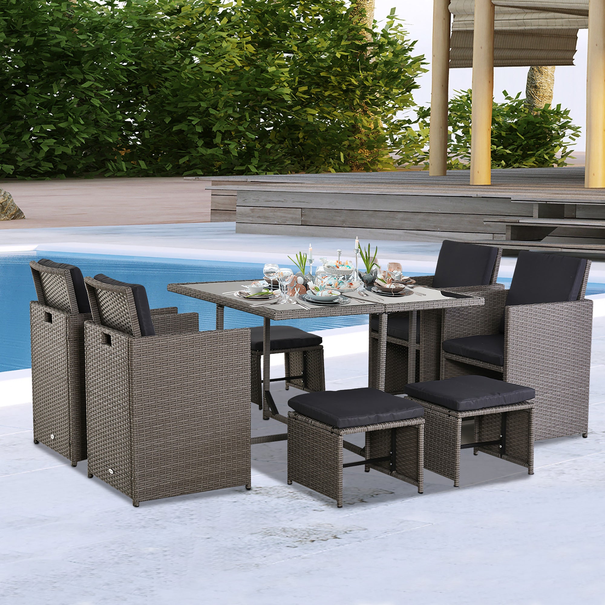 EASYCOMFORT  Set Mobili da Giardino Esterno 9 pezzi Tavolo con 4 Sedie 4 Poggiapiedi in Rattan, Grigio