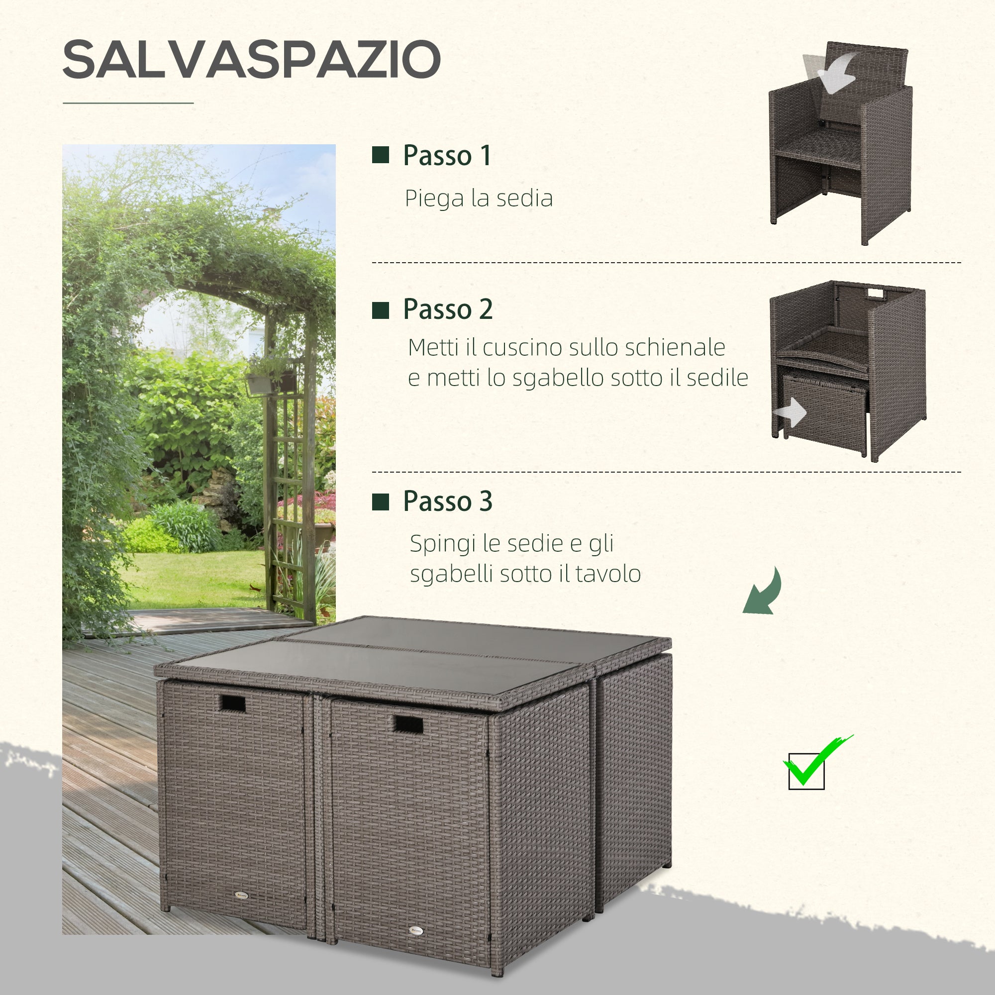 EASYCOMFORT  Set Mobili da Giardino Esterno 9 pezzi Tavolo con 4 Sedie 4 Poggiapiedi in Rattan, Grigio