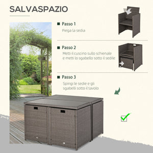 EASYCOMFORT  Set Mobili da Giardino Esterno 9 pezzi Tavolo con 4 Sedie 4 Poggiapiedi in Rattan, Grigio