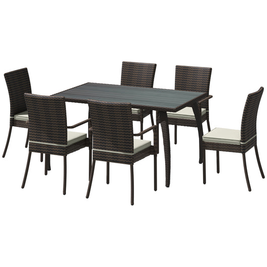 EASYCOMFORT  Set Mobili da Esterno in PE Rattan Tavolo da Pranzo in Legno con 6 Sedie con Cuscini, Marrone