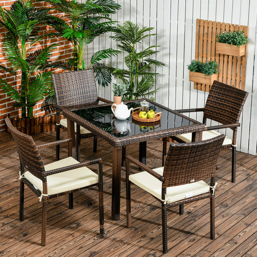 Easycomfort Set da Esterni in Rattan PE con Tavolo e 4 Sedie con Cuscini, Marrone