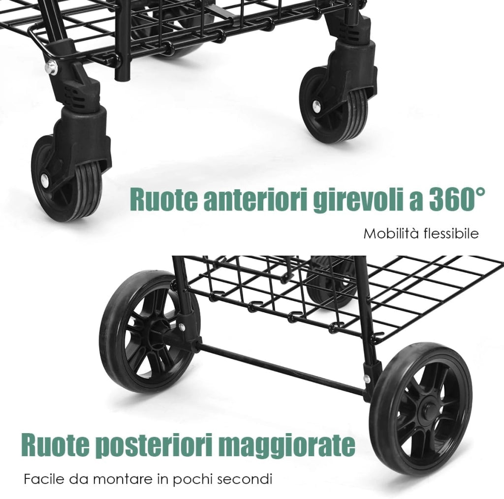 Carrello Portaspesa Pieghevole, Carrello Spesa con Ruote Girevoli a 360 °, Manico Regolabile, 2 Cesti, Capacità di Carico: 20 kg, 58L, 43 x 52 x 89-95 cm (Argento)